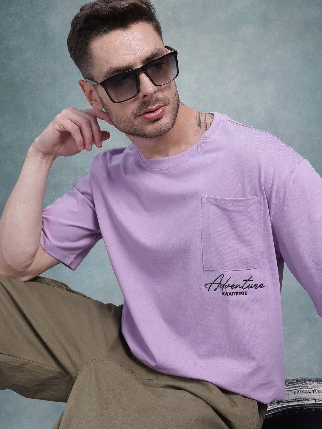 

The Roadster Life Co. Men Pure Cotton Relaxed Fit T-shirt, Lavender