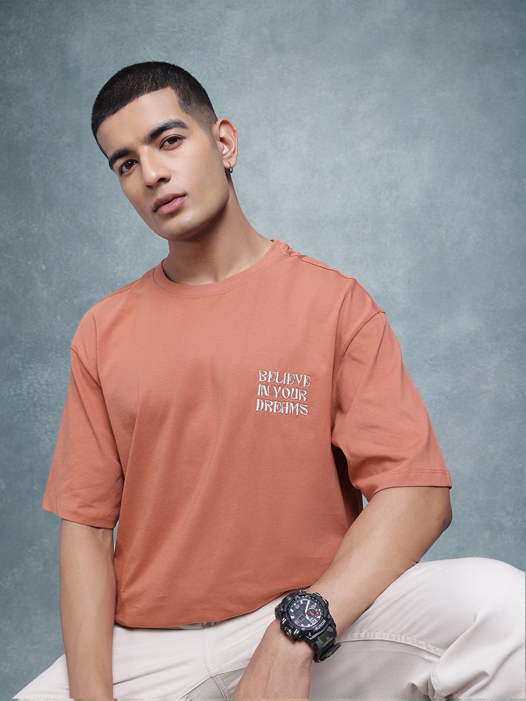 

The Roadster Life Co. Typography Print Drop-Shoulder Sleeves Pure Cotton T-shirt, Rust