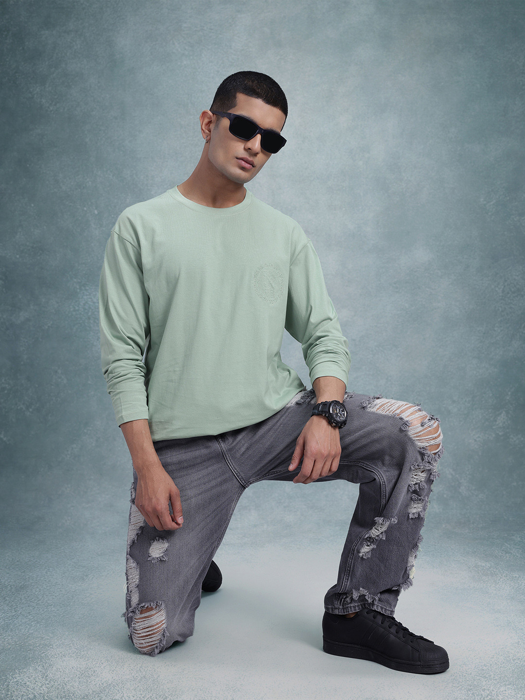 

The Roadster Life Co. Embroidered Drop-Shoulder Sleeves Pure Cotton Relaxed Fit T-Shirt, Green
