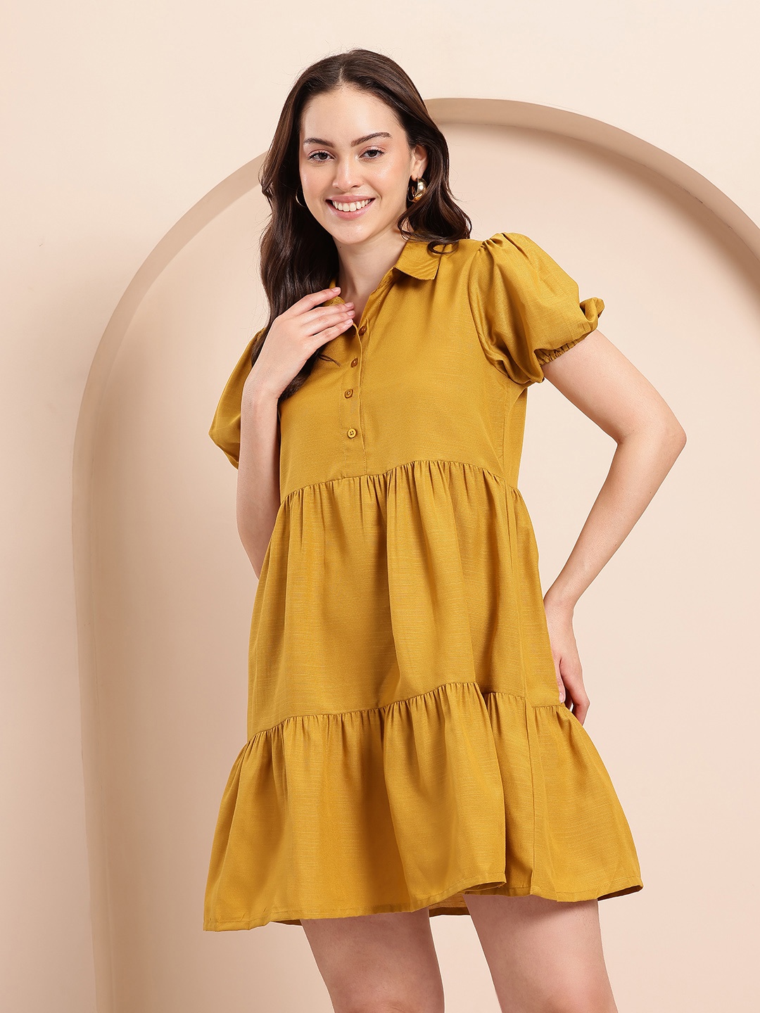 

Mast & Harbour Puff Sleeve Tiered A-Line Dress, Mustard