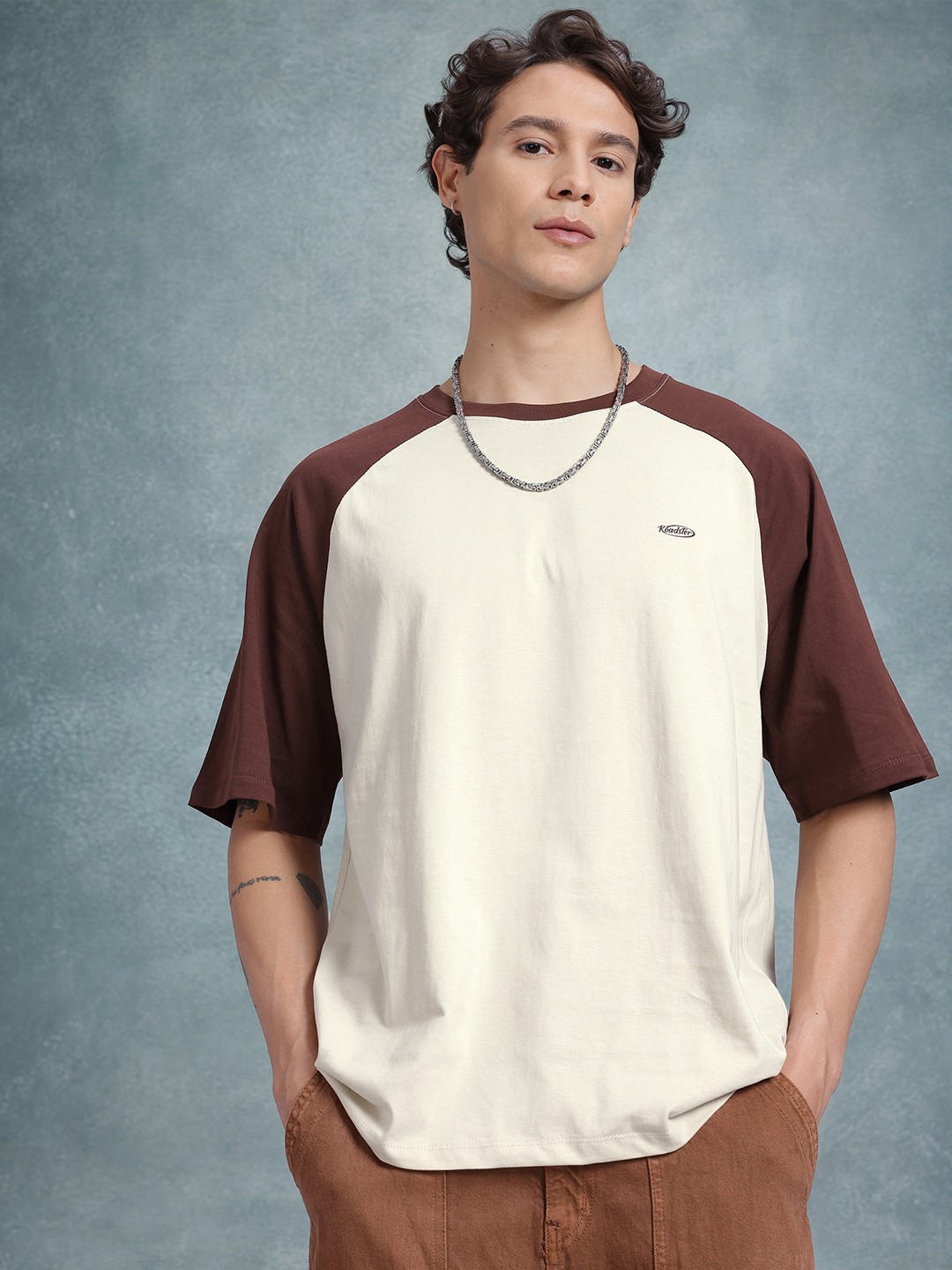 

The Roadster Life Co. Colourblocked Raglan Sleeves Pure Cotton Relaxed Fit T-shirt, Beige