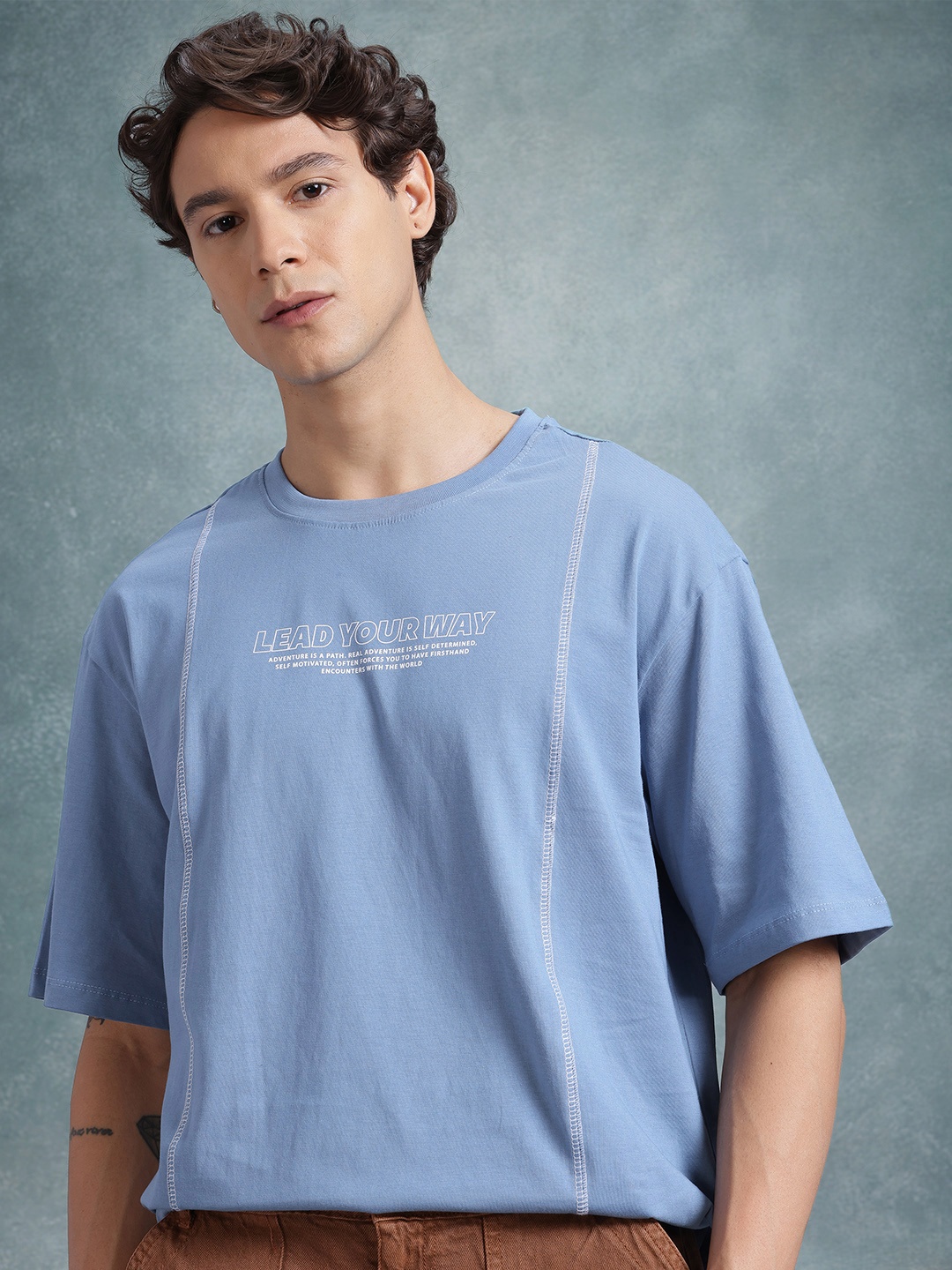 

The Roadster Life Co. Typography Print Drop-Shoulder Sleeves Pure Cotton Oversized T-shirt, Blue