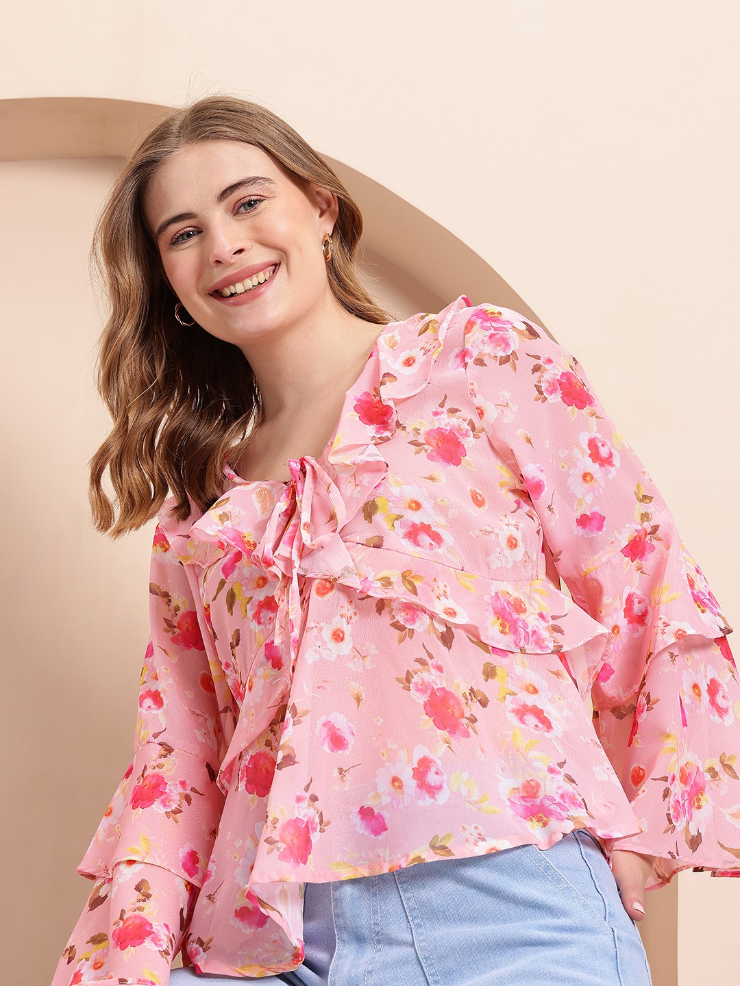

Mast & Harbour Floral Print Ruffled Top, Pink