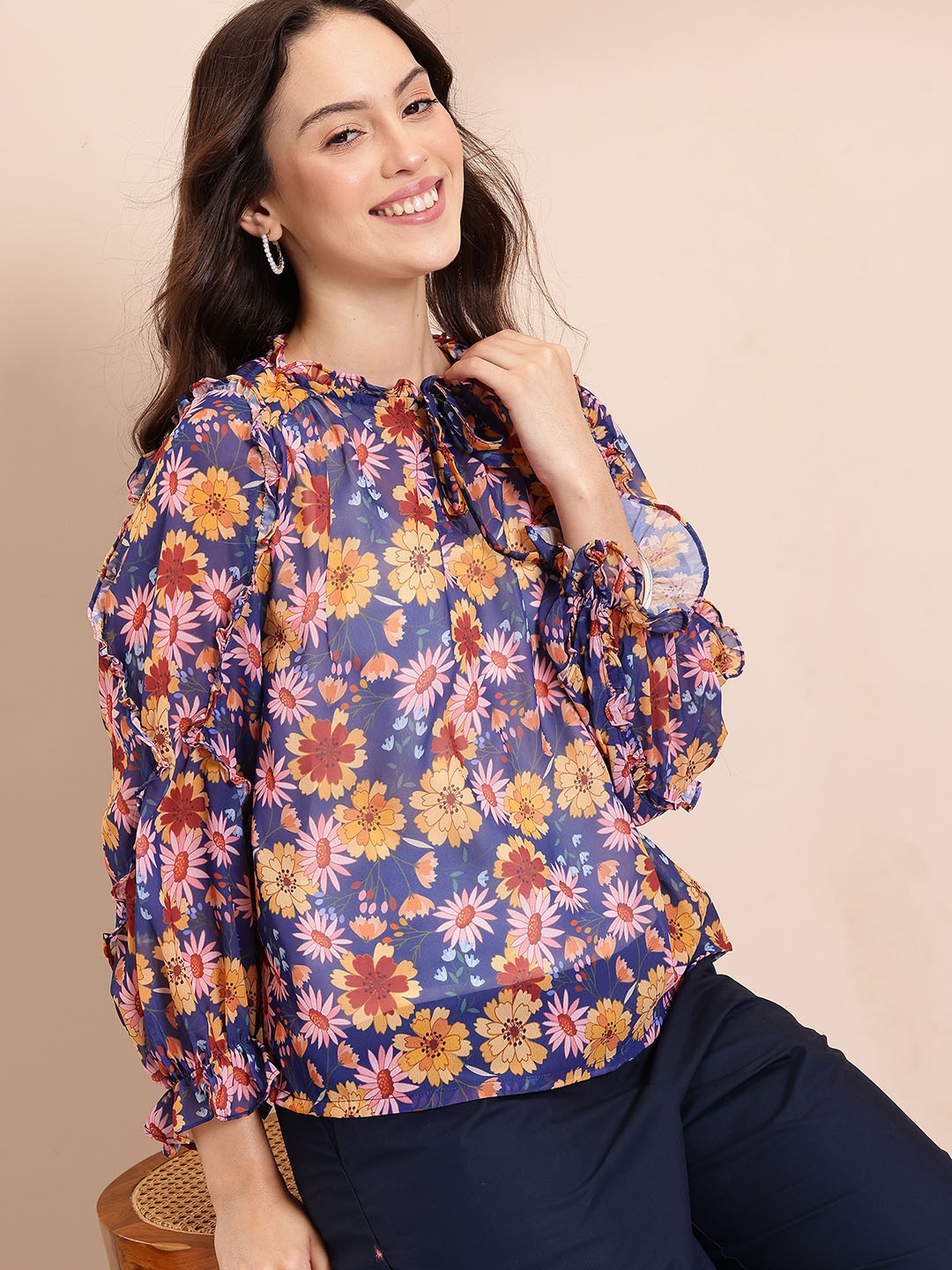 

Mast & Harbour Floral Print Tie-Up Neck Puff Sleeve Top, Blue