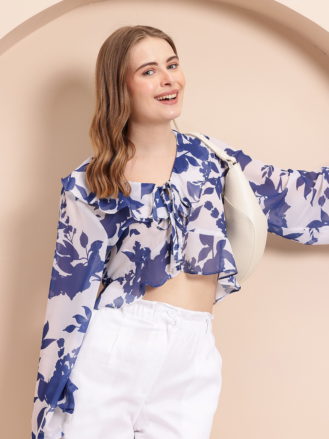 

Mast & Harbour Floral Print Ruffled Crop Top, Blue