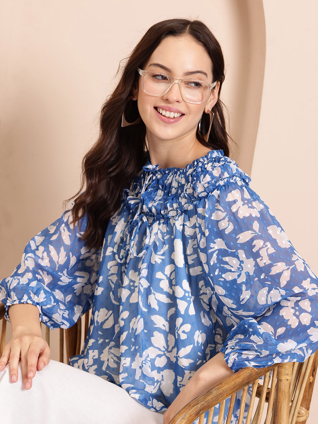 

Mast & Harbour Floral Print Tie-Up Neck Puff Sleeve Dobby Top, Blue
