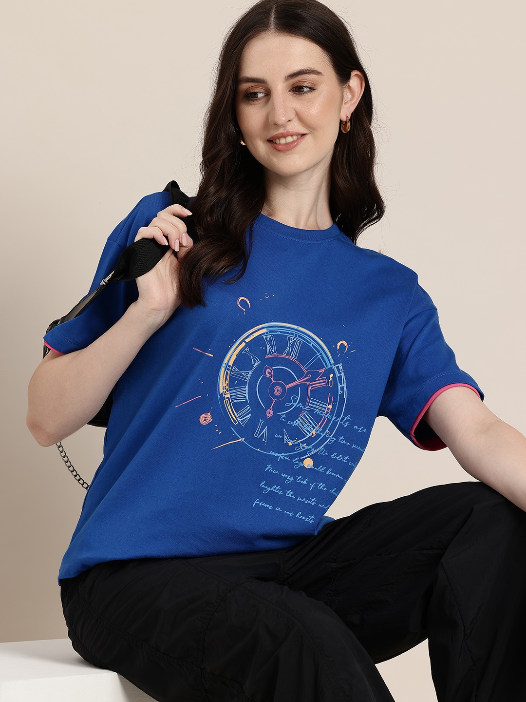 

HERE&NOW Graphic Printed Drop-Shoulder Sleeves Pure Cotton Relaxed Fit T-shirt, Blue