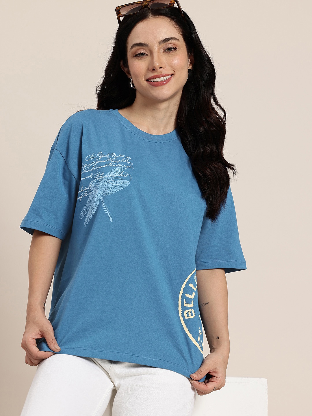 

HERE&NOW Relaxed Fit Graphic Printed Pure Cotton T-shirt, Blue