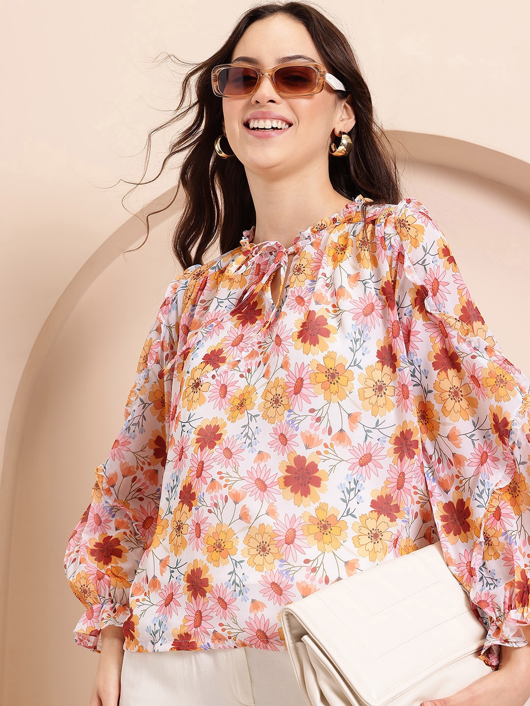 

Mast & Harbour Floral Print Tie-Up Neck Puff Sleeve Top, Off white