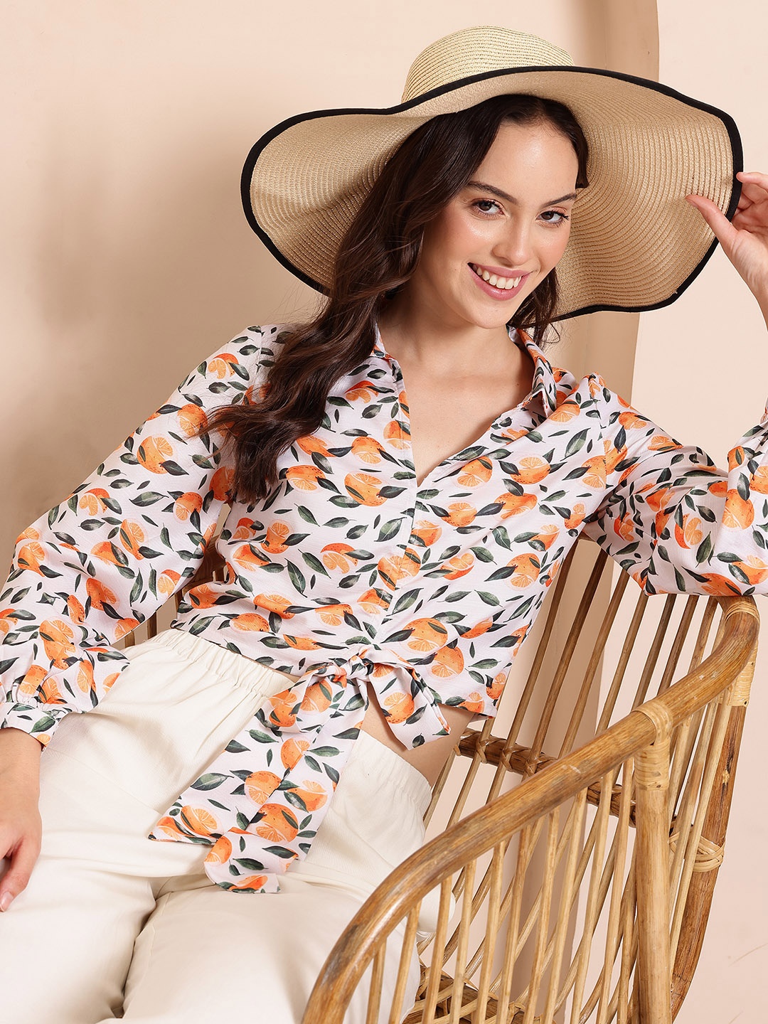 

Mast & Harbour Print Puff Sleeve Shirt Style Crop Top, White