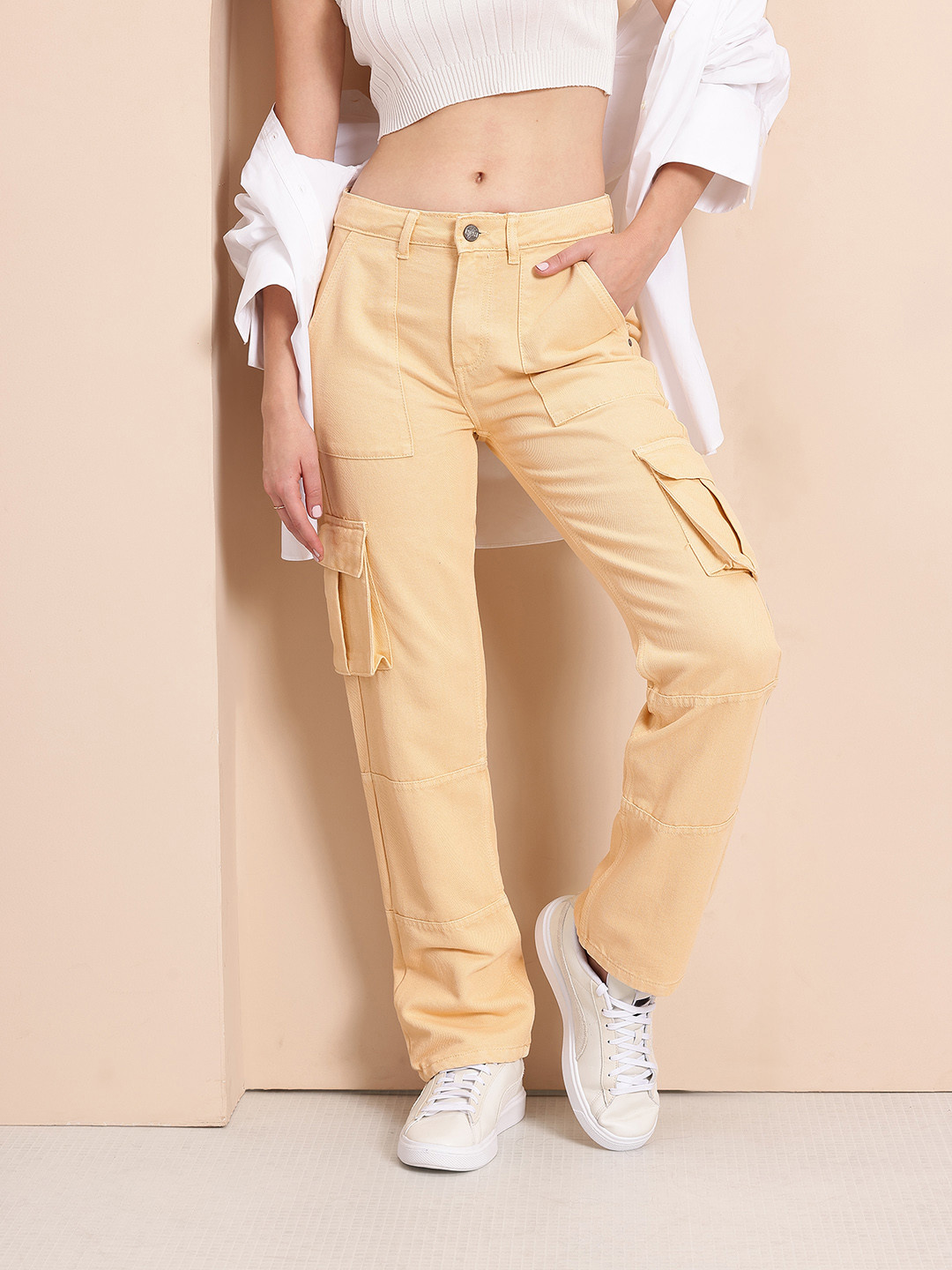 

Mast & Harbour Women Straight Fit Cargo Jeans, Yellow