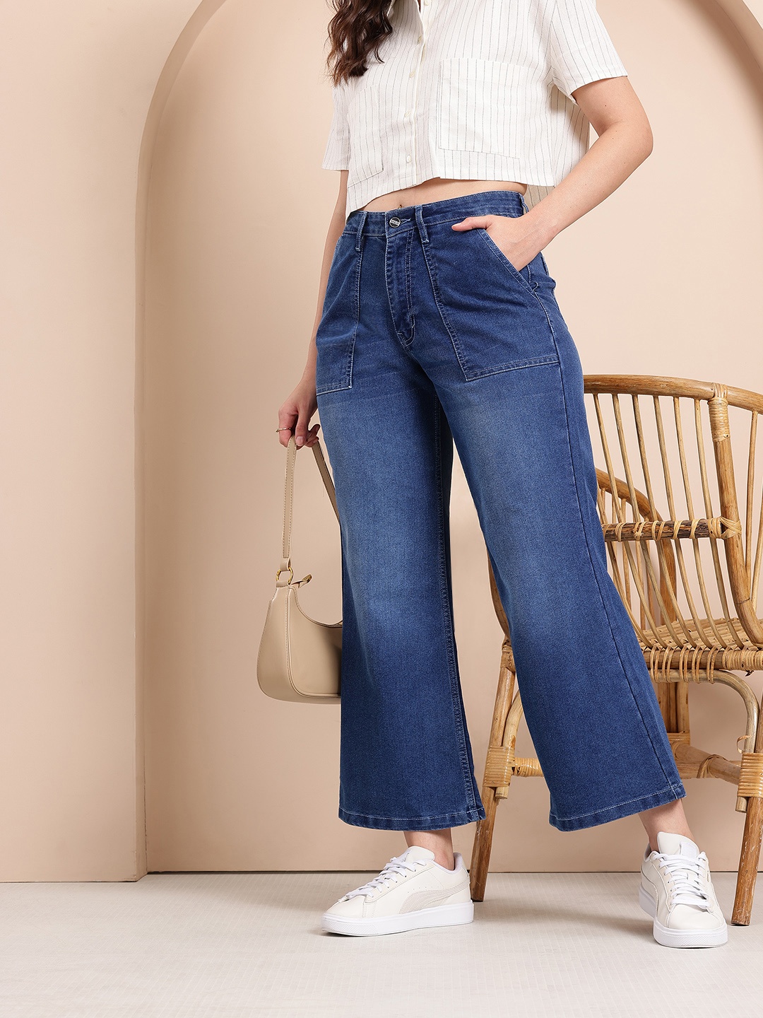 

Mast & Harbour Women Light Fade Flared Baggy Stretchable Jeans, Blue
