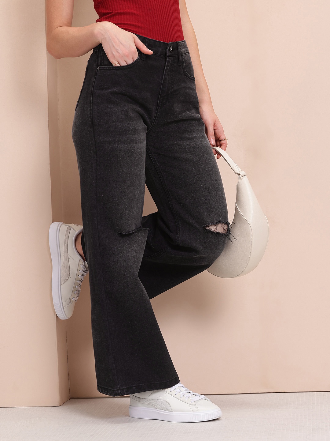

Mast & Harbour Women Flared Slash Knee Light Fade Stretchable Jeans, Charcoal