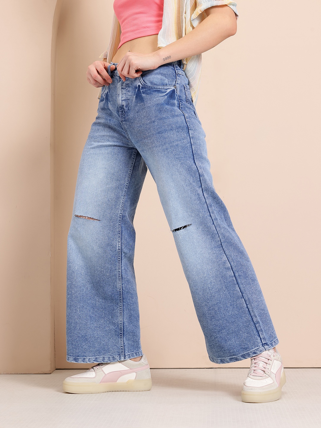 

Mast & Harbour Women Wide Leg Ripped Jeans, Blue