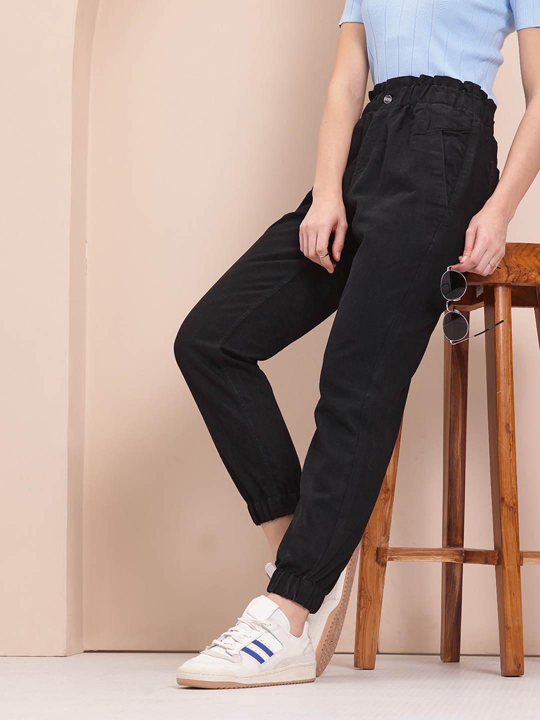 

Mast & Harbour Women Paper Bag Waist Jogger Jeans, Black