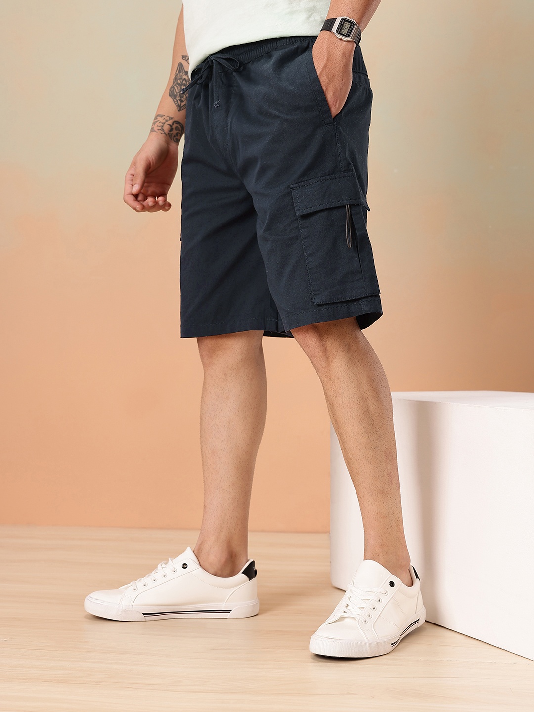 

Mast & Harbour Men Pure Cotton Cargo Shorts, Navy blue
