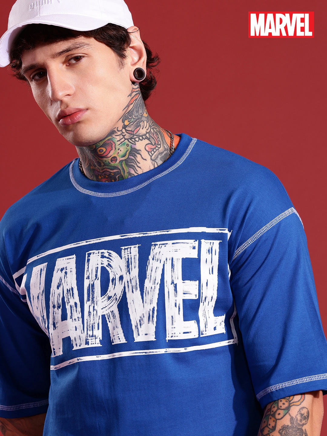 

MARVEL STREET Captain America Printed Drop-Shoulder Sleeves Oversized Pure Cotton T-shirt, Blue