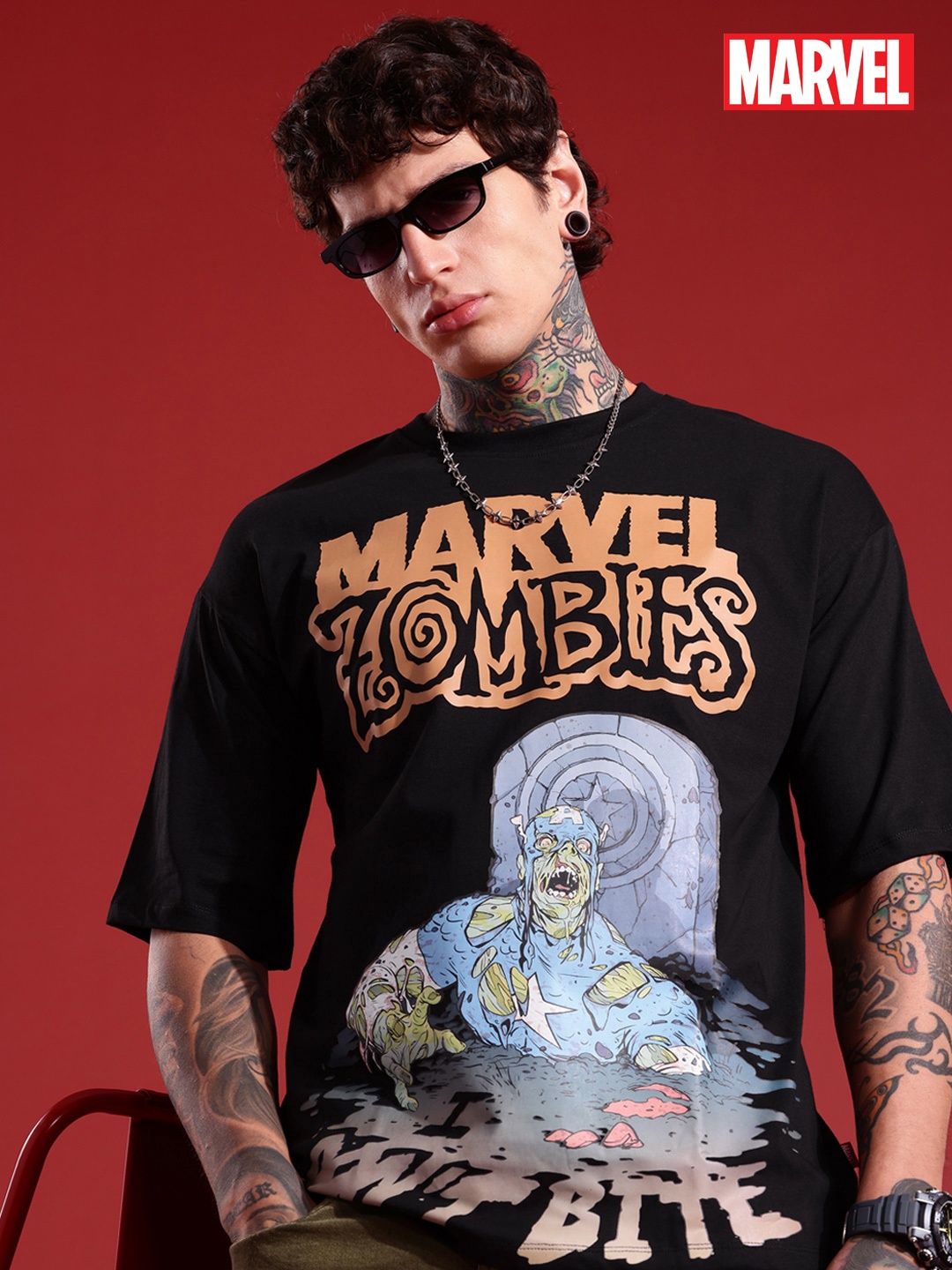 

MARVEL STREET Printed Drop-Shoulder Sleeves Pure Cotton Oversized T-shirt, Black