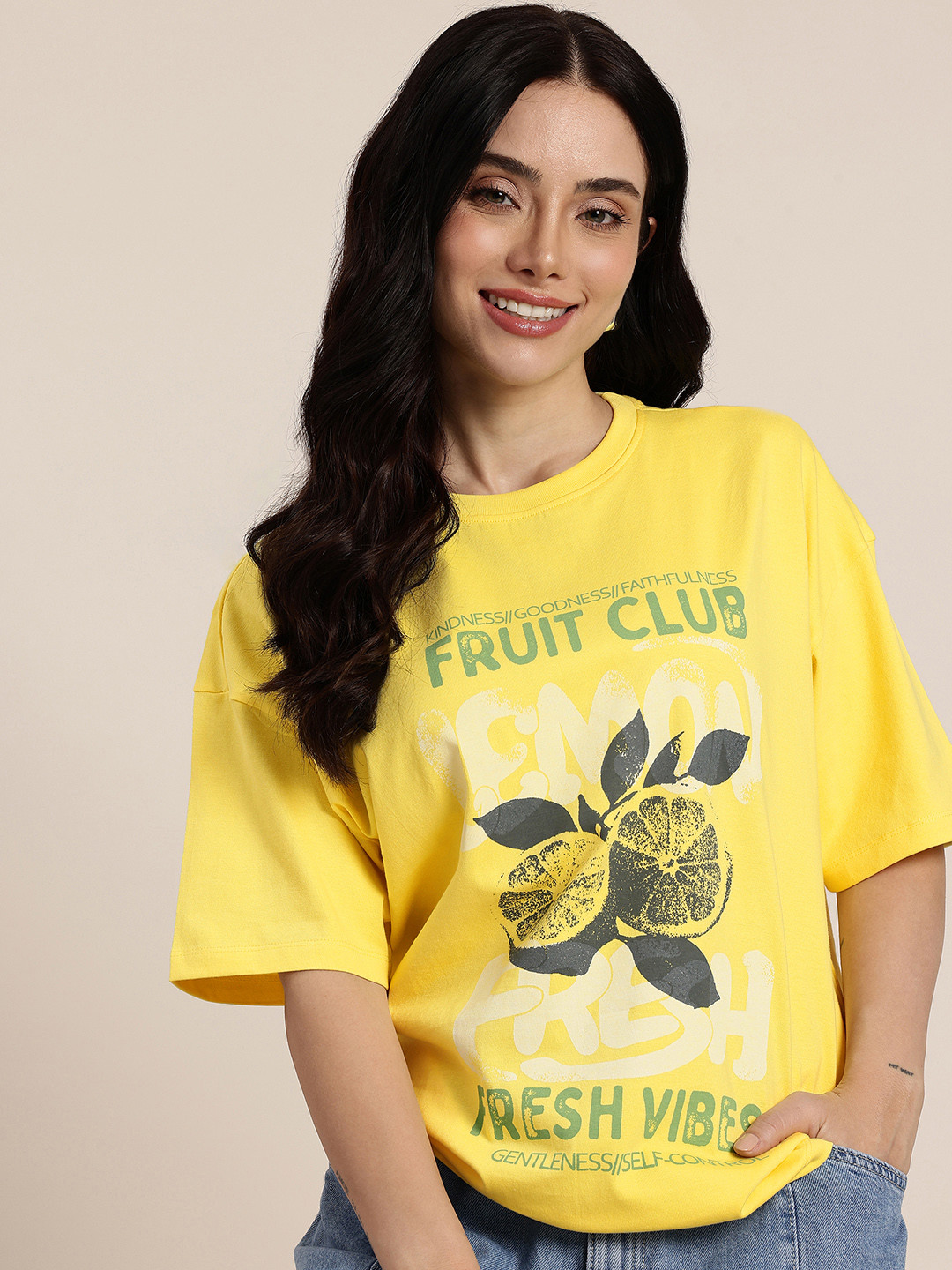 

HERE&NOW Relaxed Fit Graphic Printed Pure Cotton T-shirt, Yellow