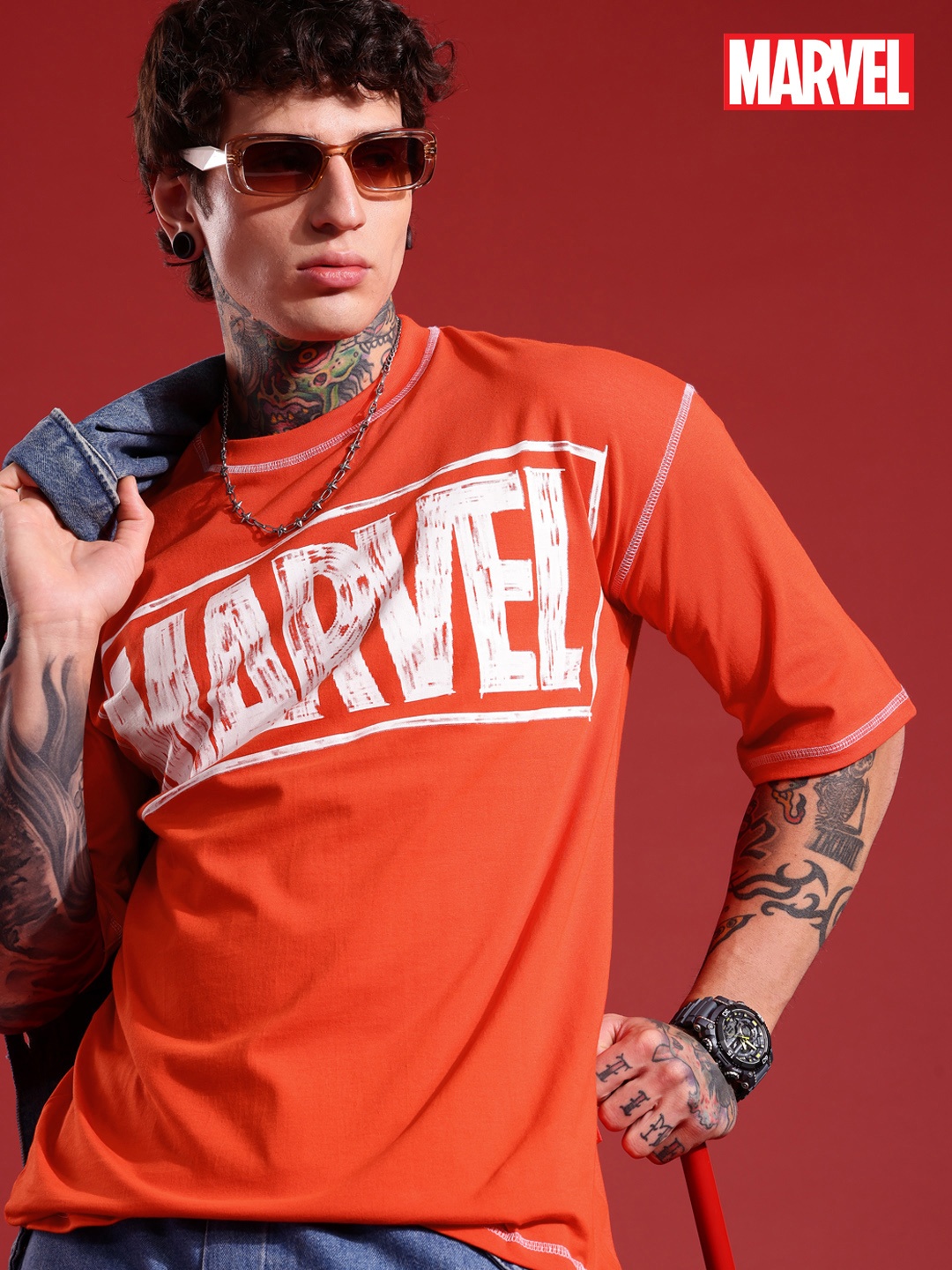 

MARVEL STREET Printed Drop-Shoulder Sleeves Pure Cotton Oversized T-shirt, Red