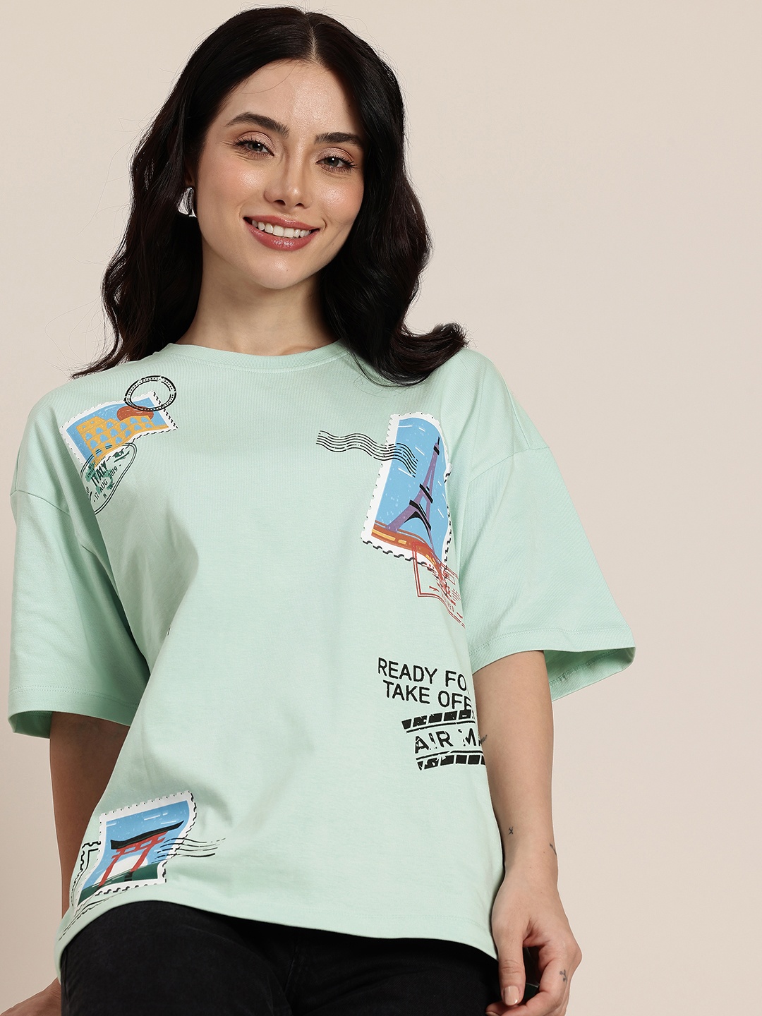 

HERE&NOW Relaxed Fit Graphic Printed Pure Cotton T-shirt, Green