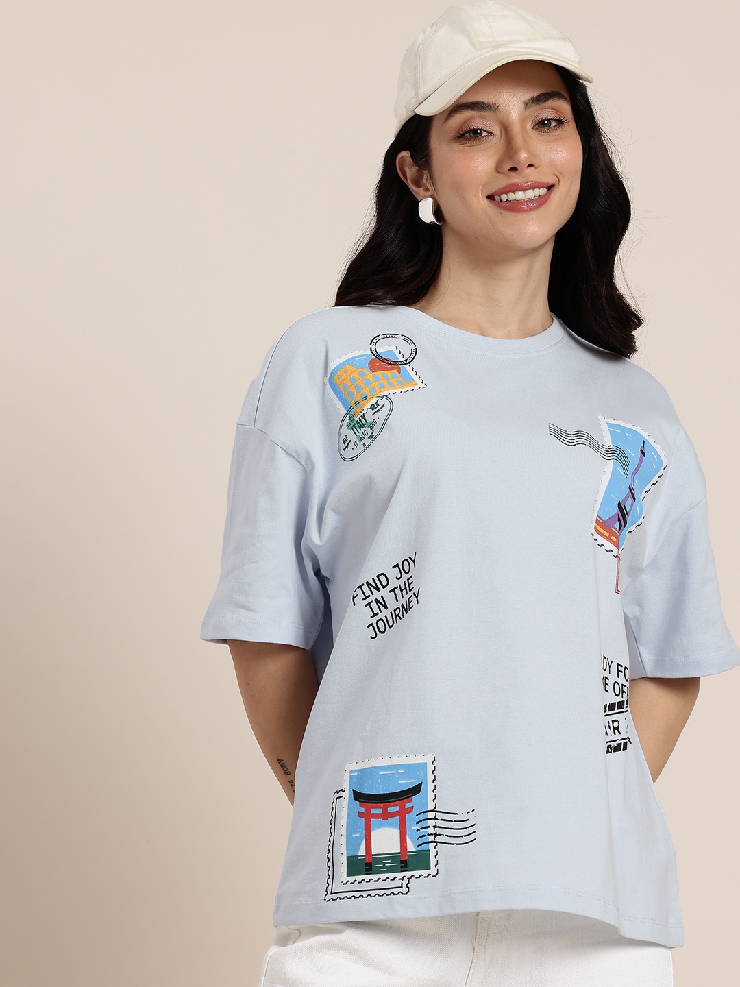 

HERE&NOW Relaxed Fit Graphic Printed Pure Cotton T-shirt, Blue