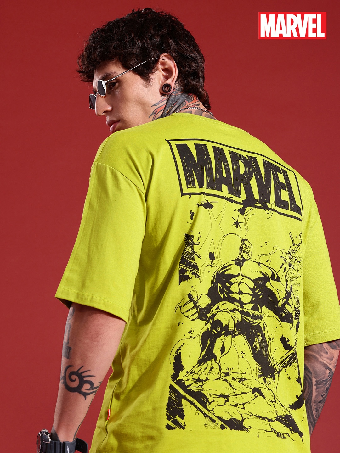 

MARVEL STREET Printed Drop-Shoulder Sleeves Pure Cotton Oversized T-shirt, Green