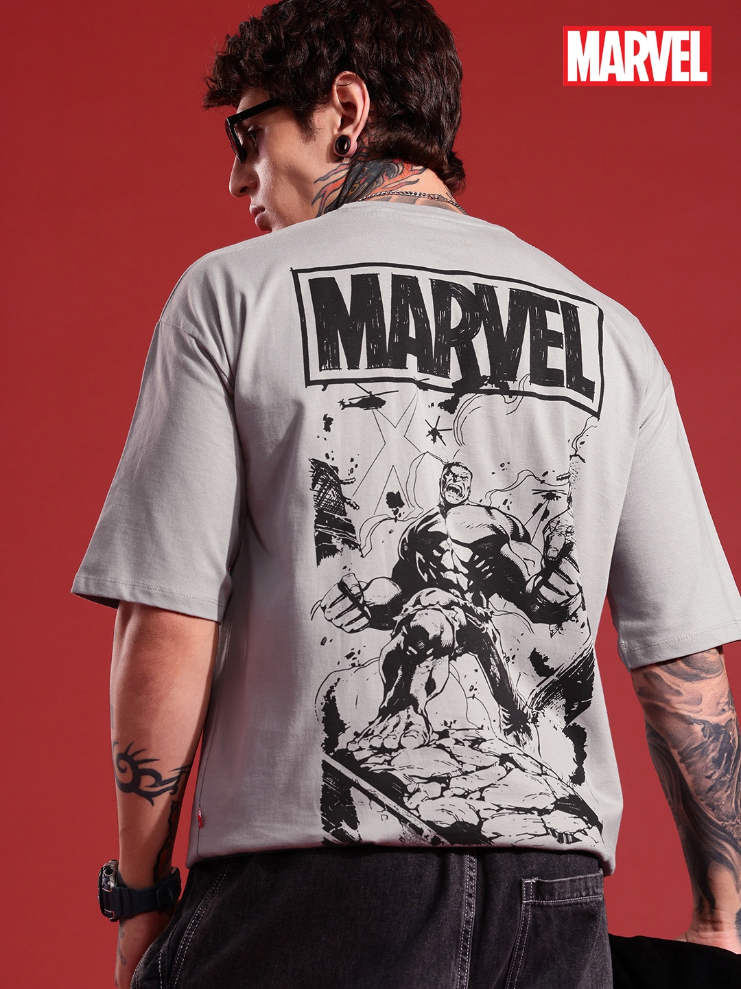 

MARVEL STREET Hulk Printed Drop-Shoulder Sleeves Oversized Pure Cotton T-shirt, Grey