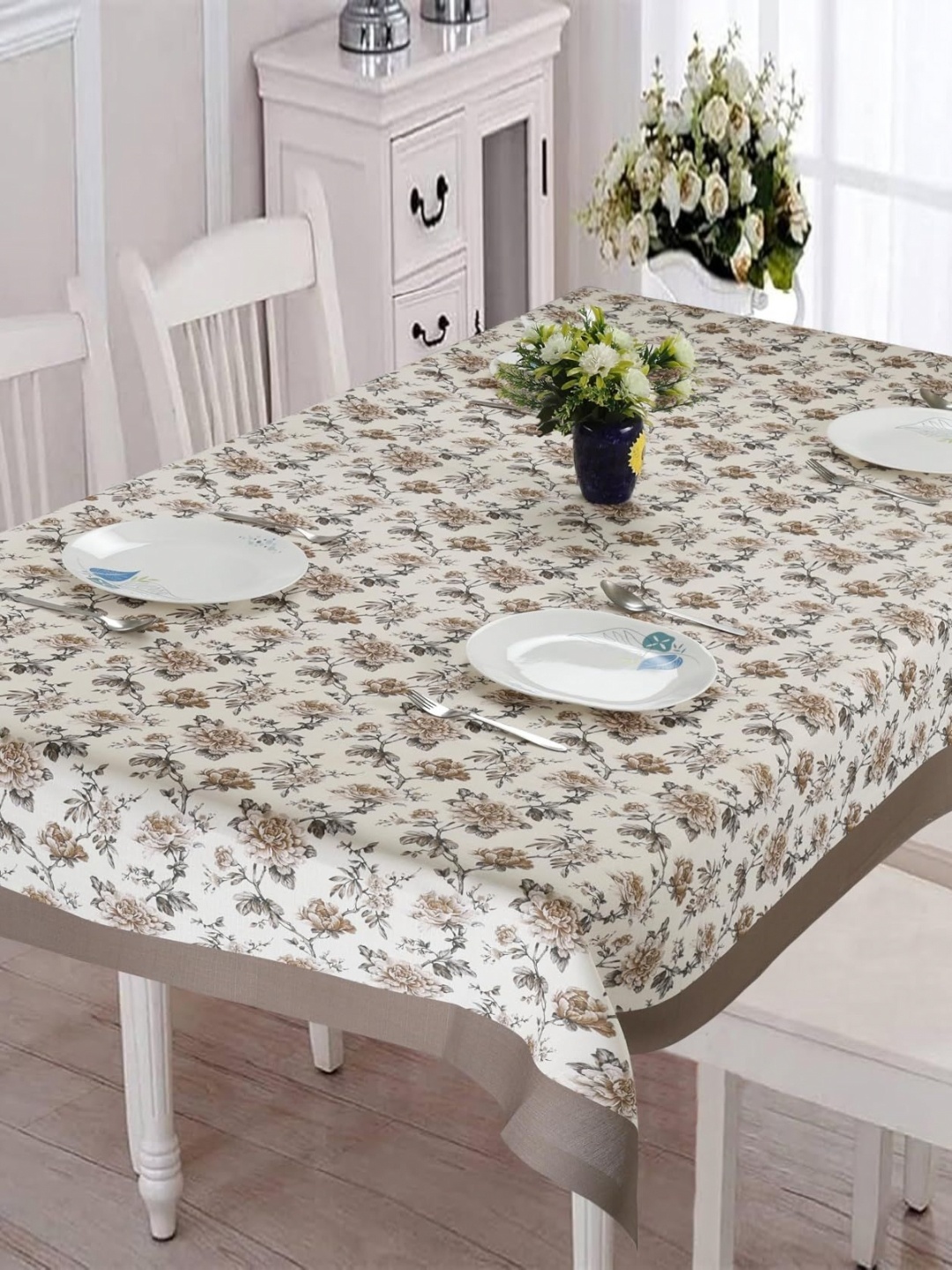 

Homerz Grey Floral Anti-Slip Cotton 4-Seater Table Cover