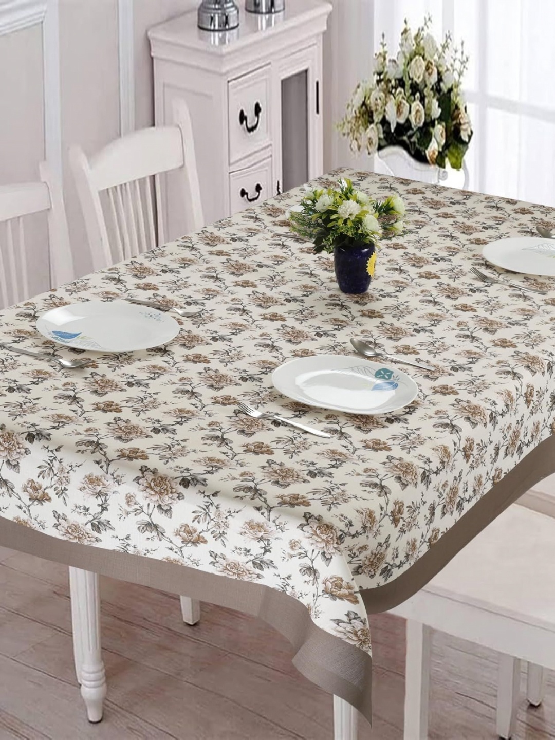 

Homerz Grey Floral Anti-Slip Cotton 6-Seater Table Cover