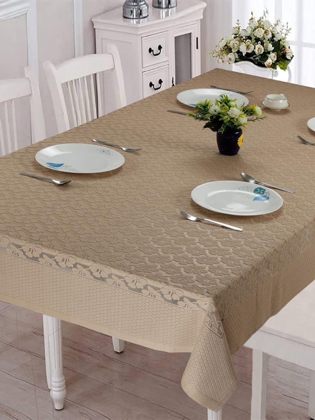 

Homerz Tan Floral Anti-Slip Cotton 4-Seater Table Cover with Textured details