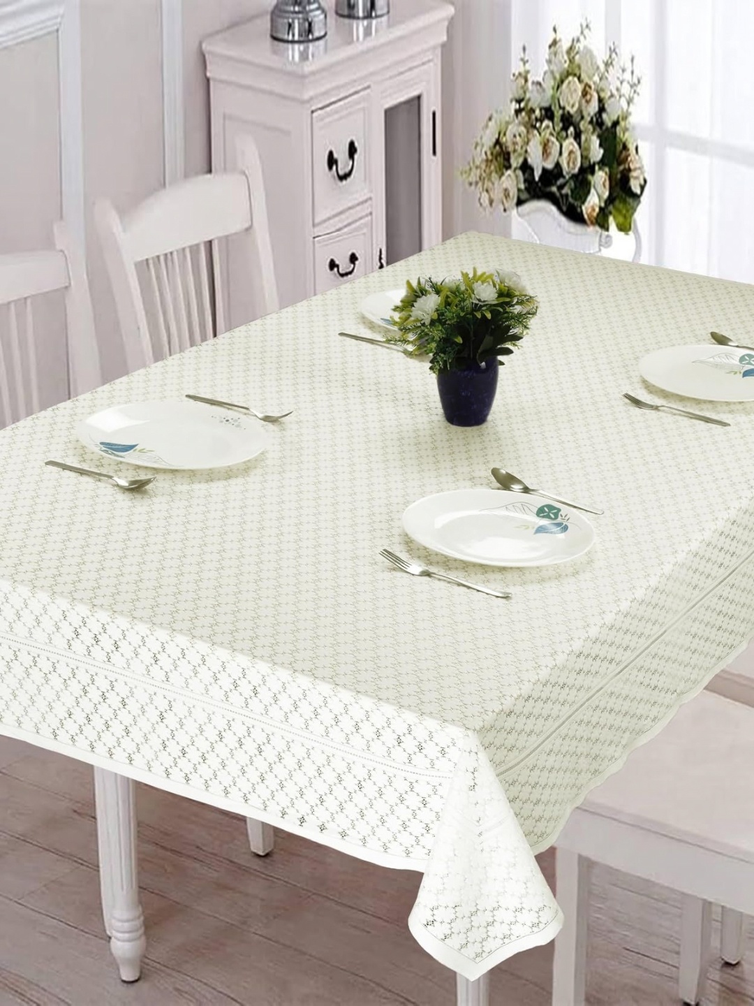 

Homerz White Floral Anti-Slip Cotton 6-Seater Table Cover