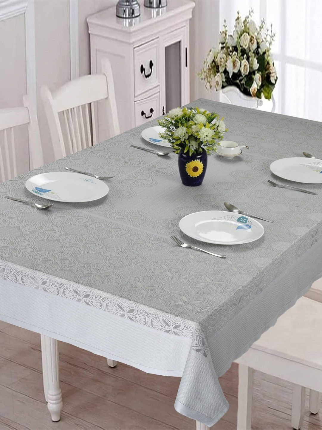 

Homerz Grey Melange Floral Anti-Slip Cotton 6-Seater Table Cover