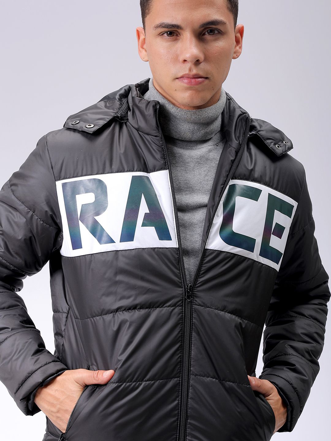 

The Indian Garage Co Men Black Reflective Print Detachable Hood Padded Jacket