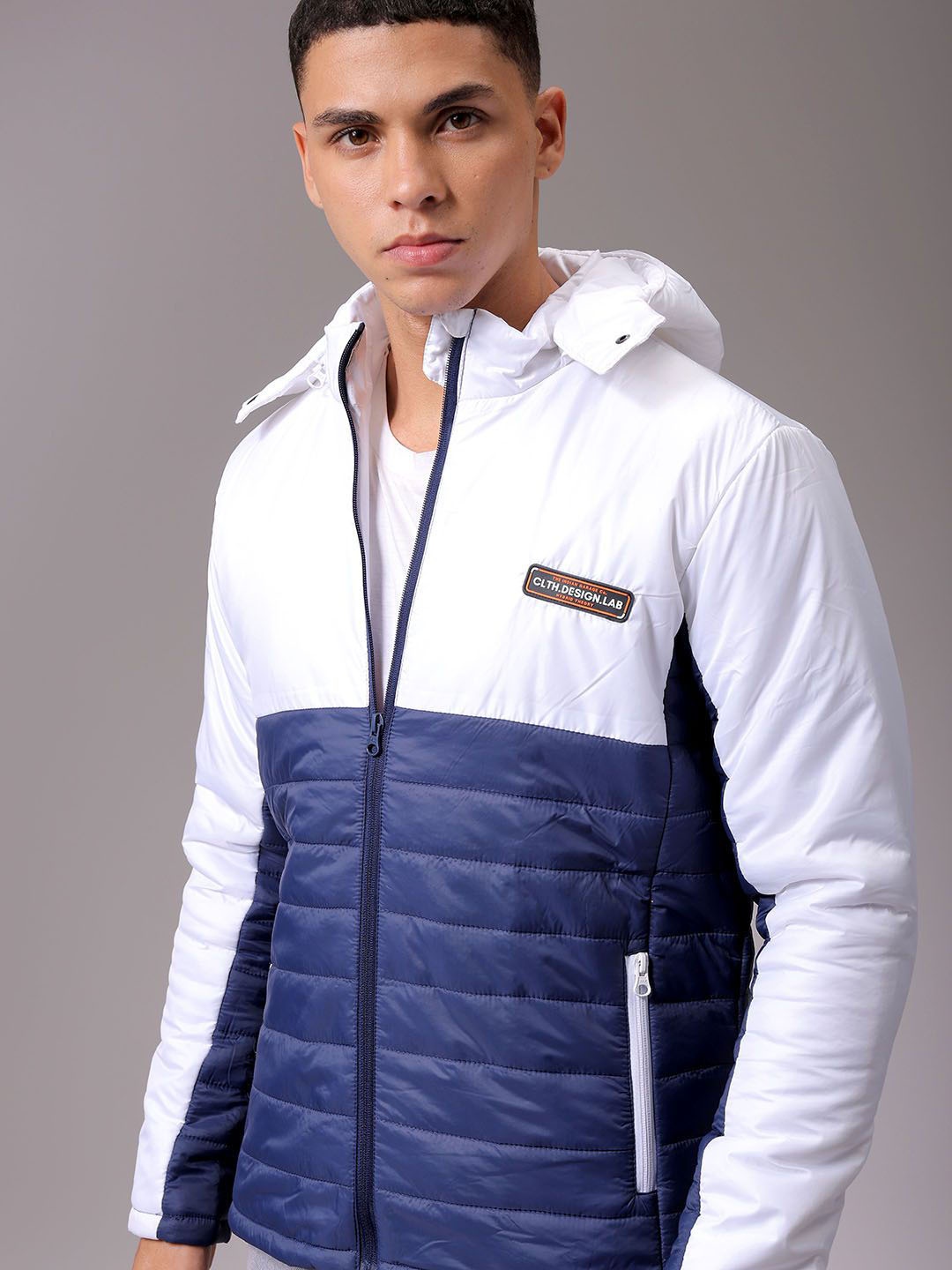 

The Indian Garage Co Men Blue Colourblocked Detachable Hood Padded Jacket