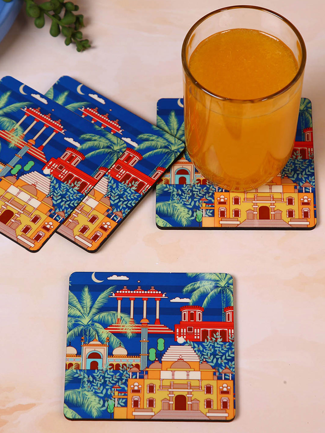

PENTADECO Blue & Brown 4 Pieces Monuments Printed Ceramic Square Coasters