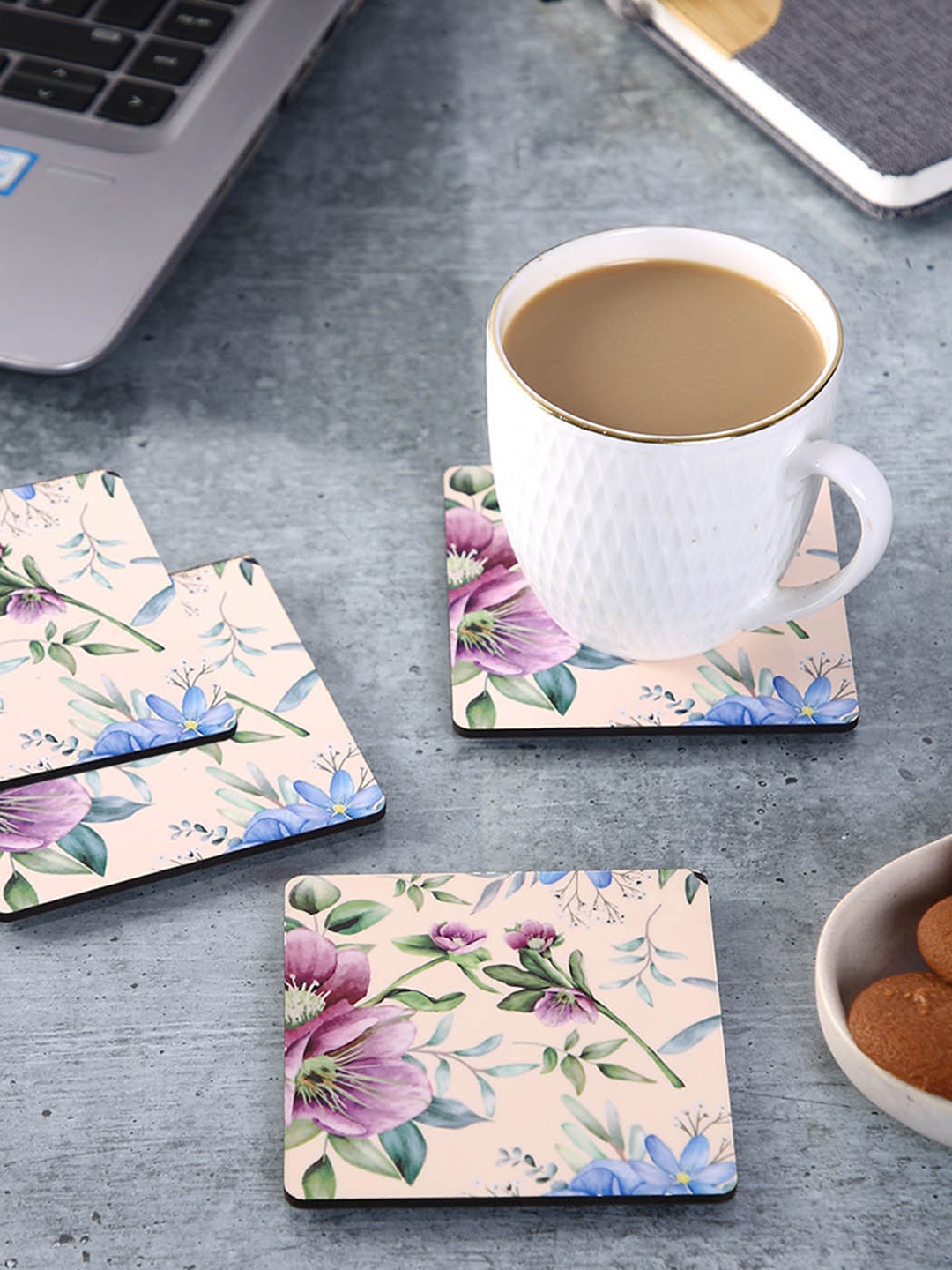 

PENTADECO Beige & Green 4 Pieces Floral Printed Ceramic Square Coasters