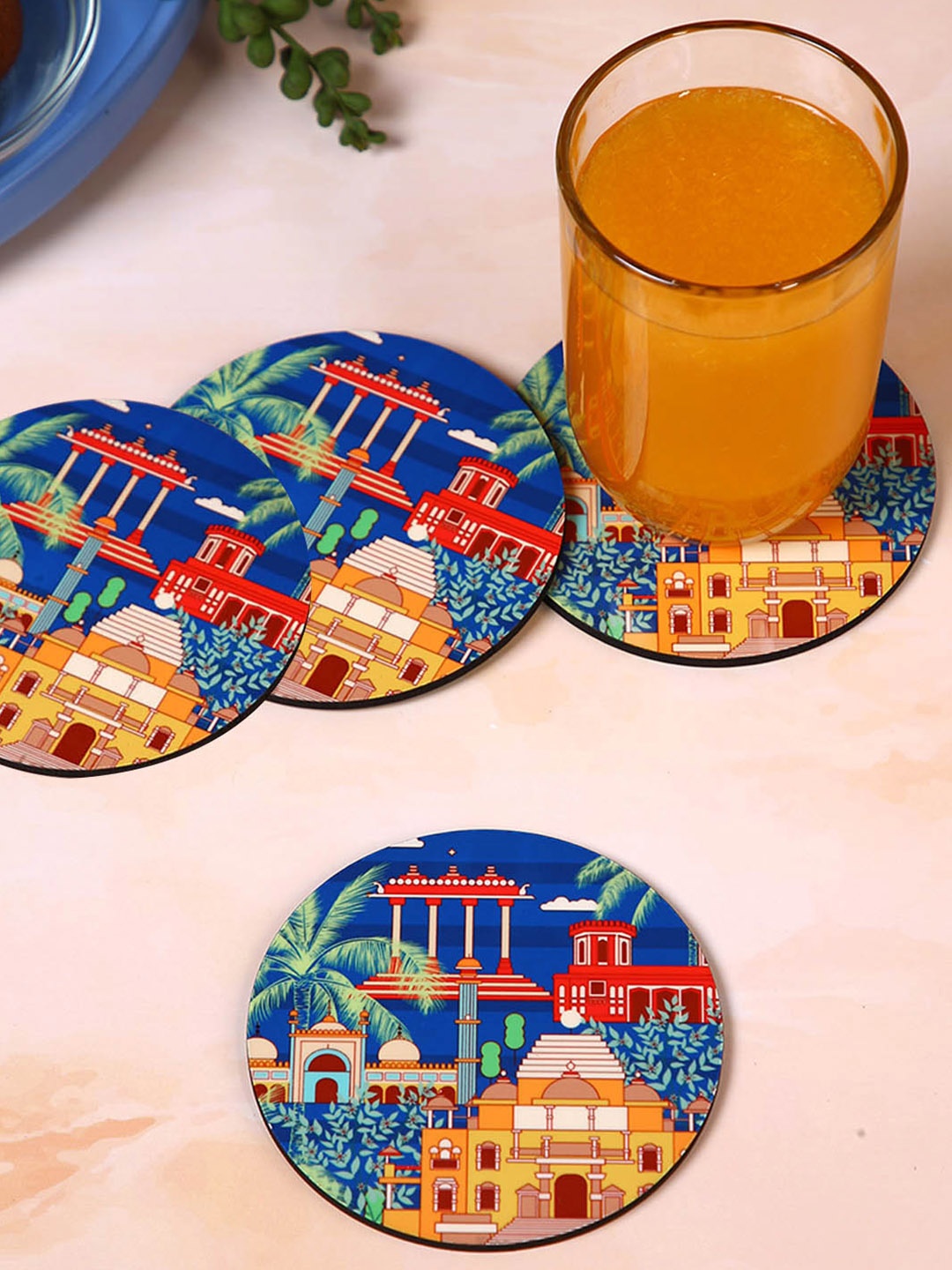 

PENTADECO Blue & Brown 4 Pieces Monuments Printed Ceramic Round Coasters