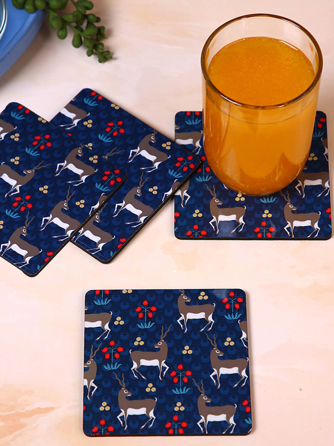 

PENTADECO Navy Blue & Grey 4 Pieces Floral Printed Square Shaped Ceramic Coasters
