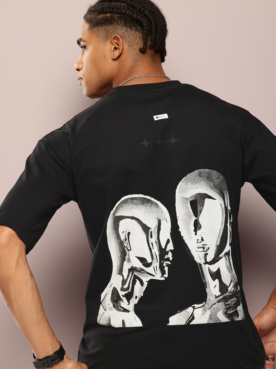 

Kook N Keech Printed Drop-Shoulder Sleeves Oversized T-shirt with Pockets, Black