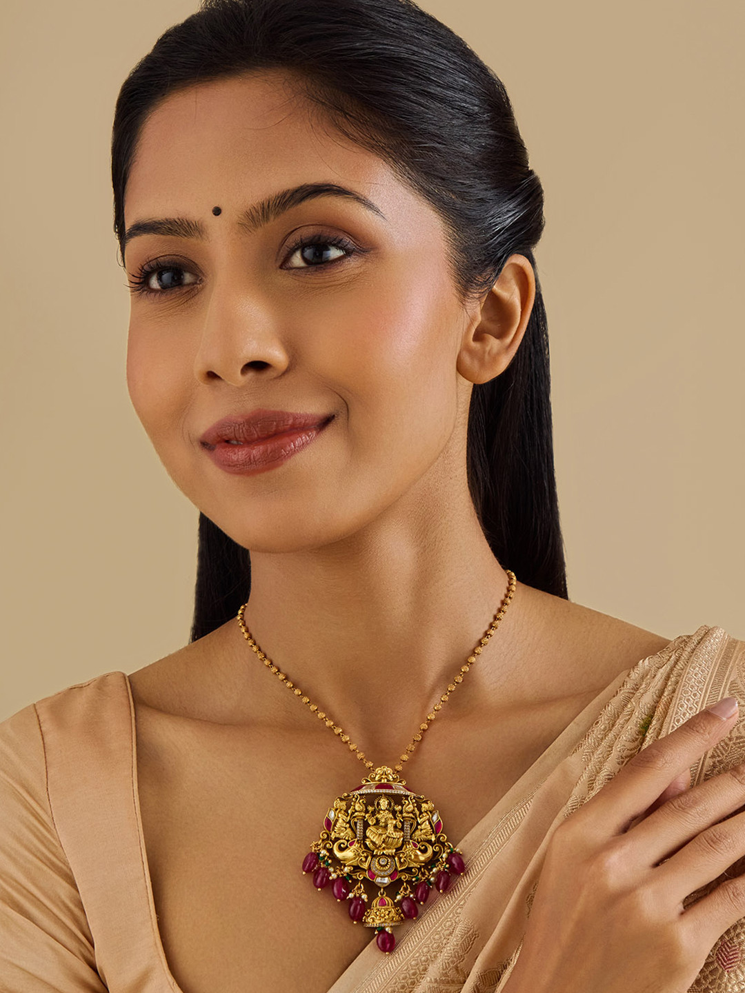 

Kushal's Fashion Jewellery 92.5 Pure Silver Gold-Plated Cubic Zirconia Pendant, Red