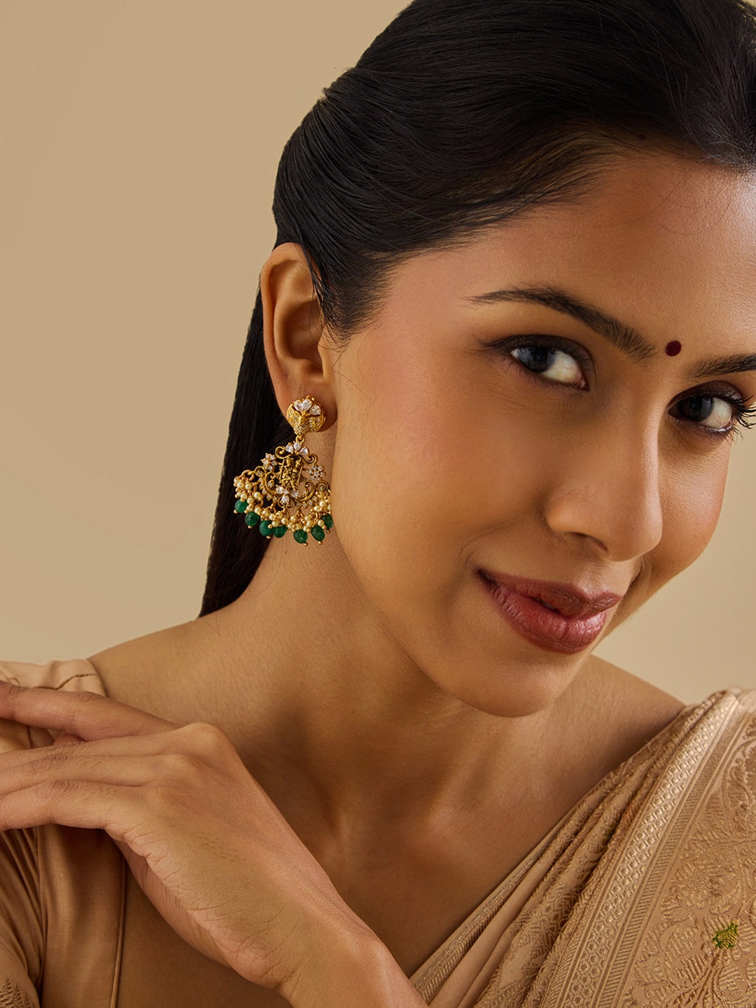 

Kushal's Fashion Jewellery 92.5 Pure Silver Gold-Plated CZ Studded Temple Drop Earrings
