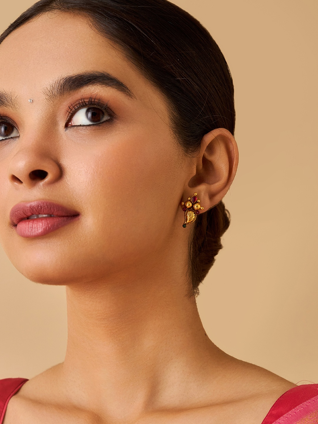 

Kushal's Fashion Jewellery Gold-Plated Paisley Shaped Temple Studs Earrings, Red