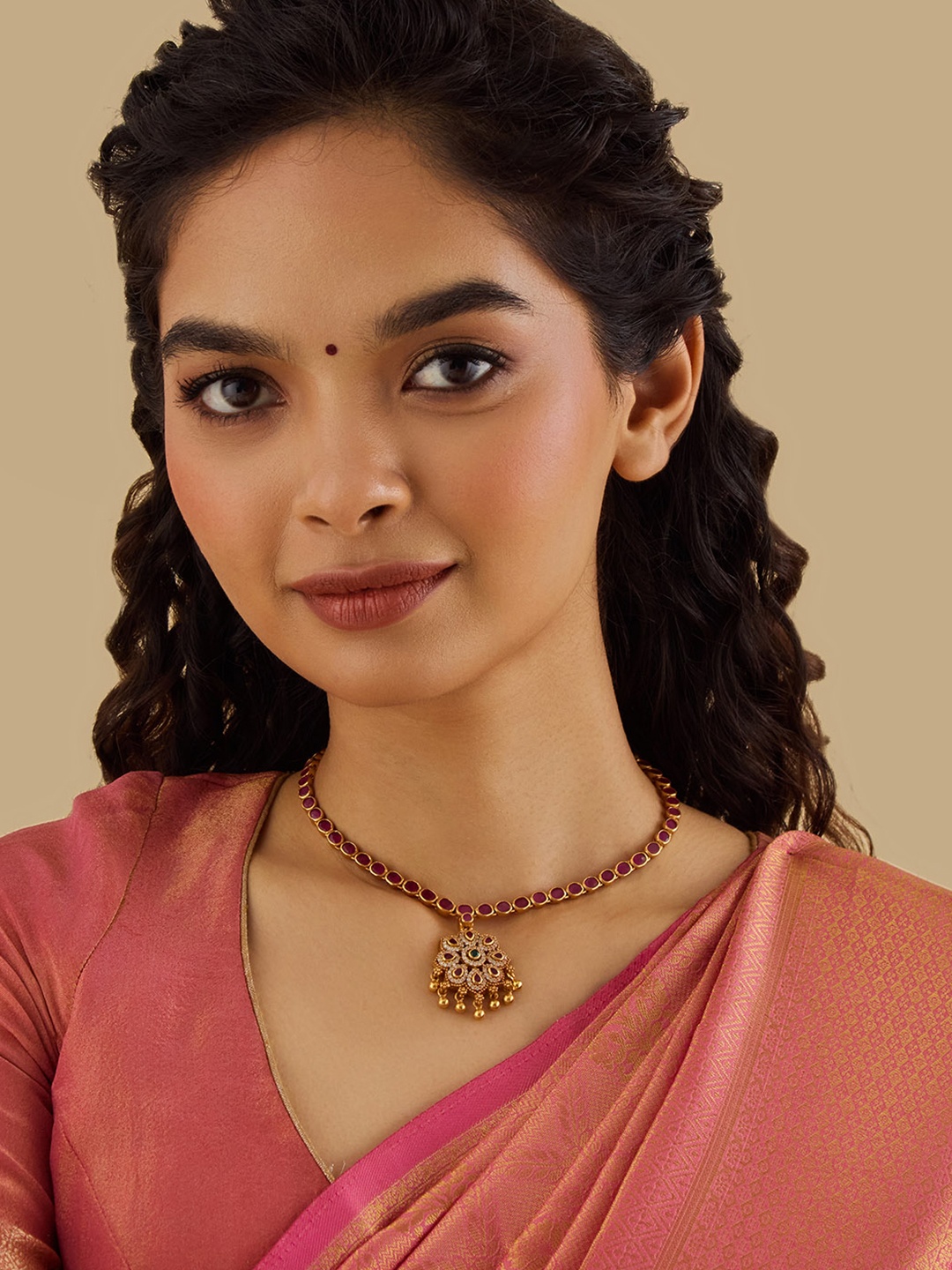 

Kushal's Fashion Jewellery 92.5 Pure Silver Gold-Plated Stone Studded Temple Necklace