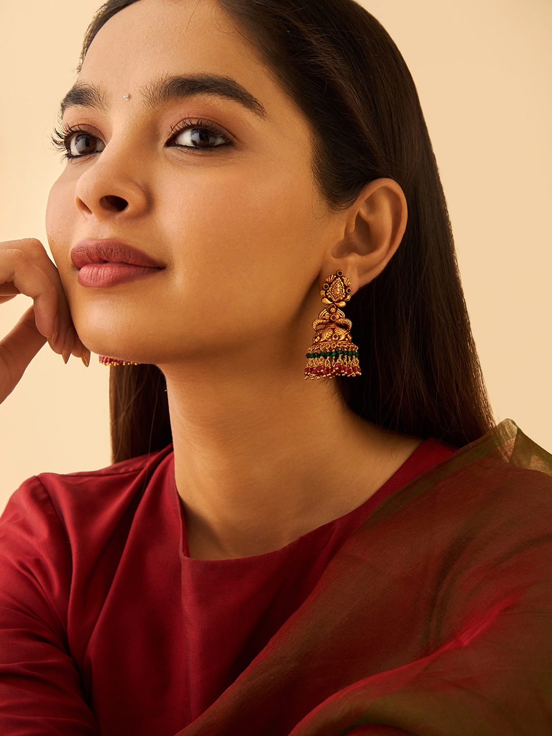 

Kushal's Fashion Jewellery 92.5 Pure Silver Gold-Plated Stone Studded Dome Shaped Jhumkas