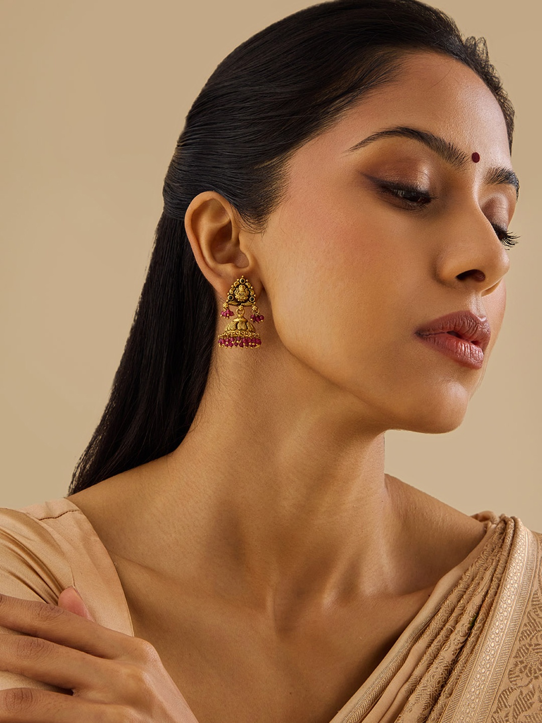 

Kushal's Fashion Jewellery 92.5 Pure Silver Temple Dome Shaped Jhumkas Earrings, Red