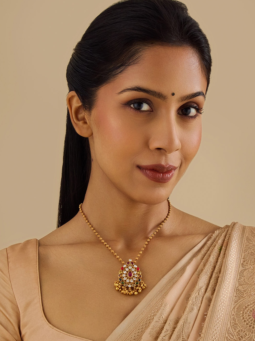 

Kushal's Fashion Jewellery 92.5 Pure Silver Gold-Plated Studded Teardrop Shaped Pendant