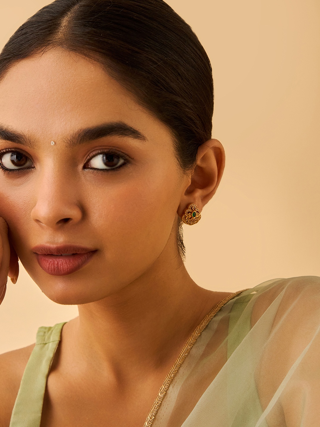 

Kushal's Fashion Jewellery 92.5 Pure Silver Gold-Plated Stone Studded Temple Studs