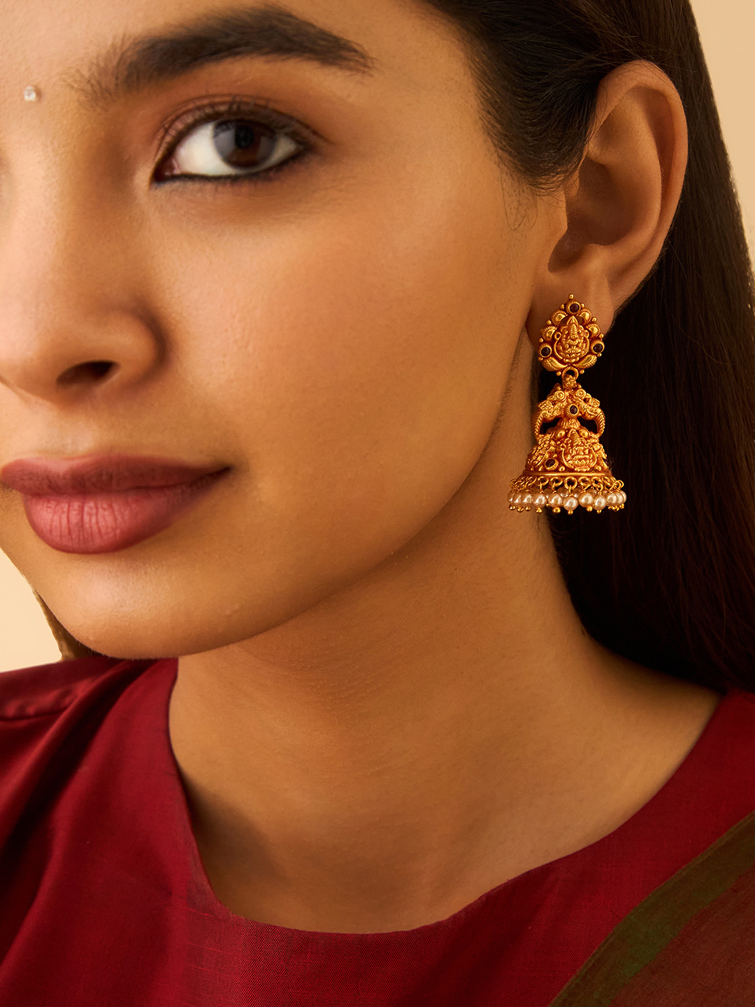 

Kushal's Fashion Jewellery 92.5 Pure Silver Gold-Plated Dome Shaped Jhumkas Earrings, Red