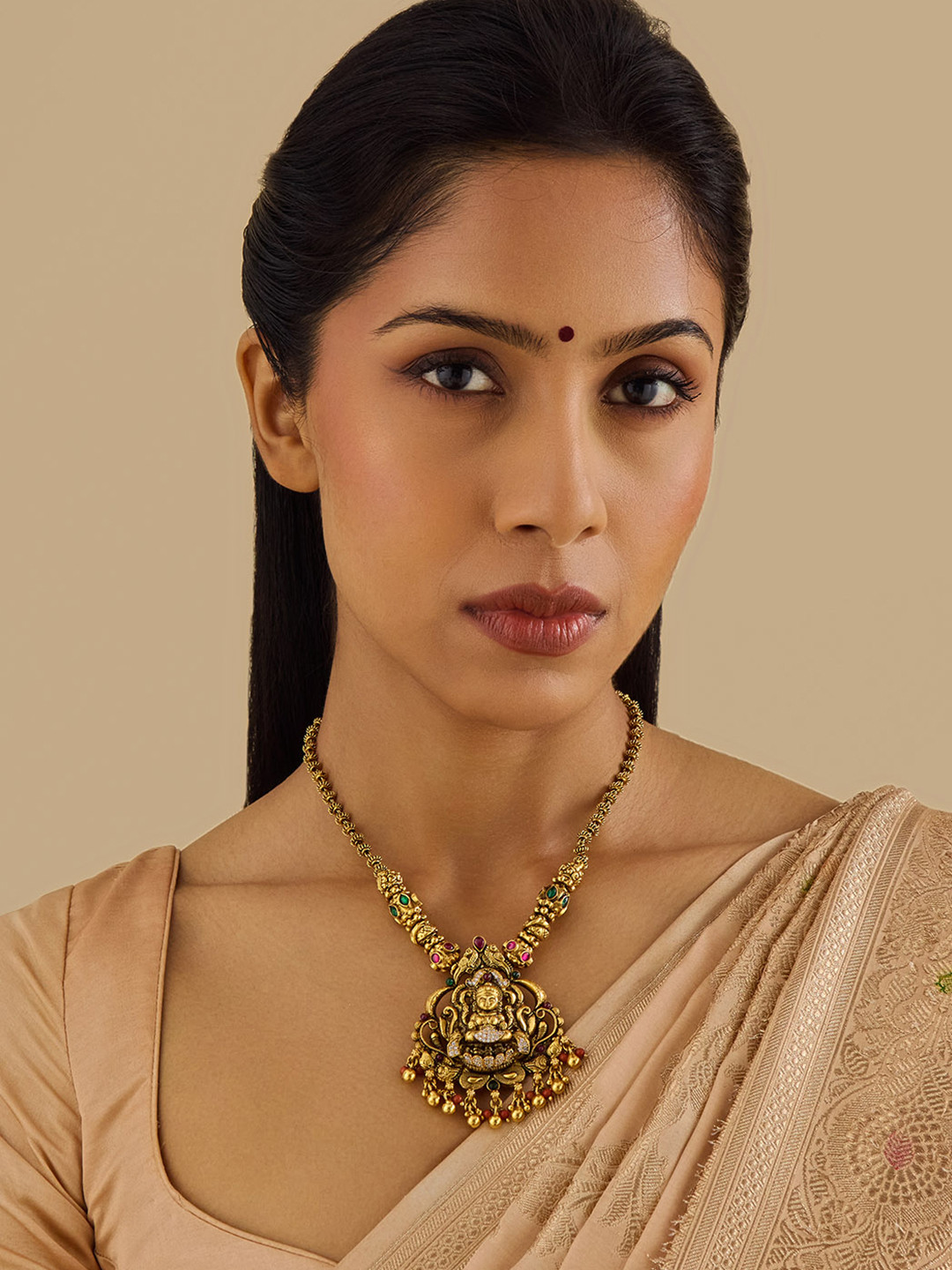 

Kushal's Fashion Jewellery 92.5 Pure Silver Gold-Plated Stone Studded Temple Necklace